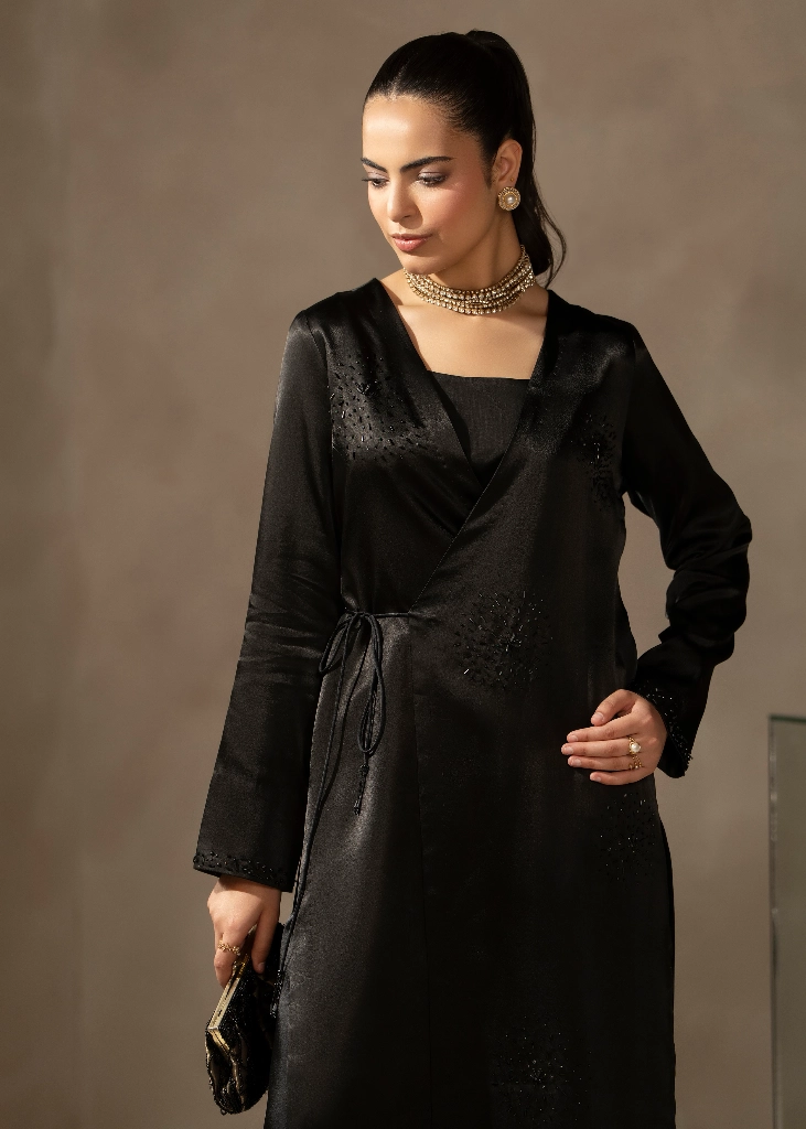 Shop Black Wrap Over Shirt Set online in Pakistan