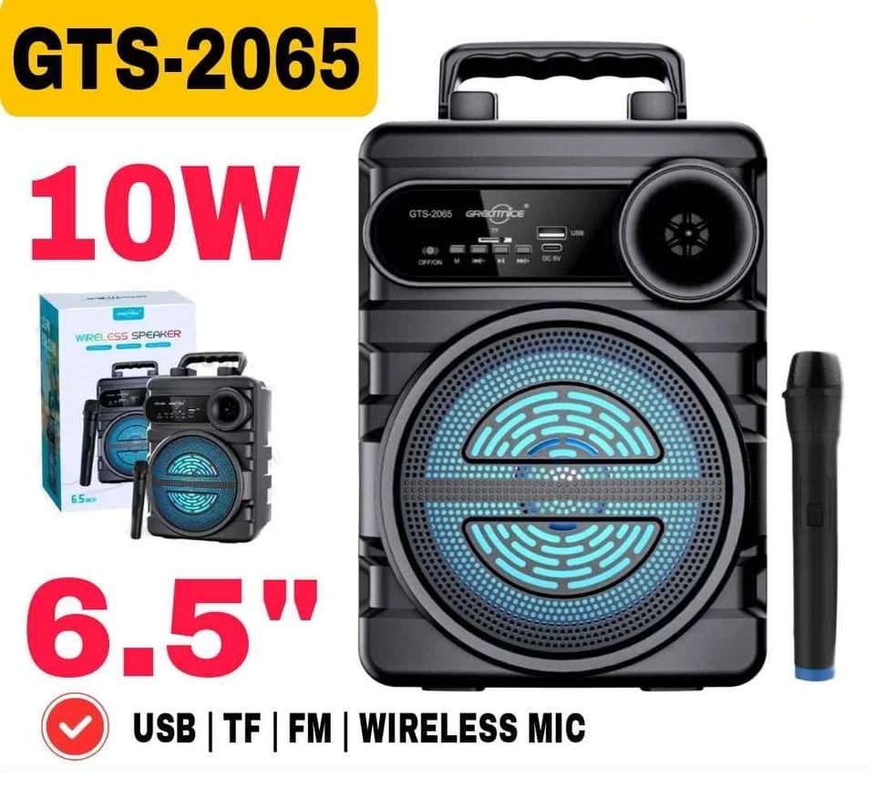 GTS-2065 6.5 inch Woofer Speaker Outdoor Bt Portable Audio Mp3 Music Player Karaoke Speaker With Wireless Mic USB, FM Radio Rechargeable Battery FM Radio Function Big Sound Good Bass